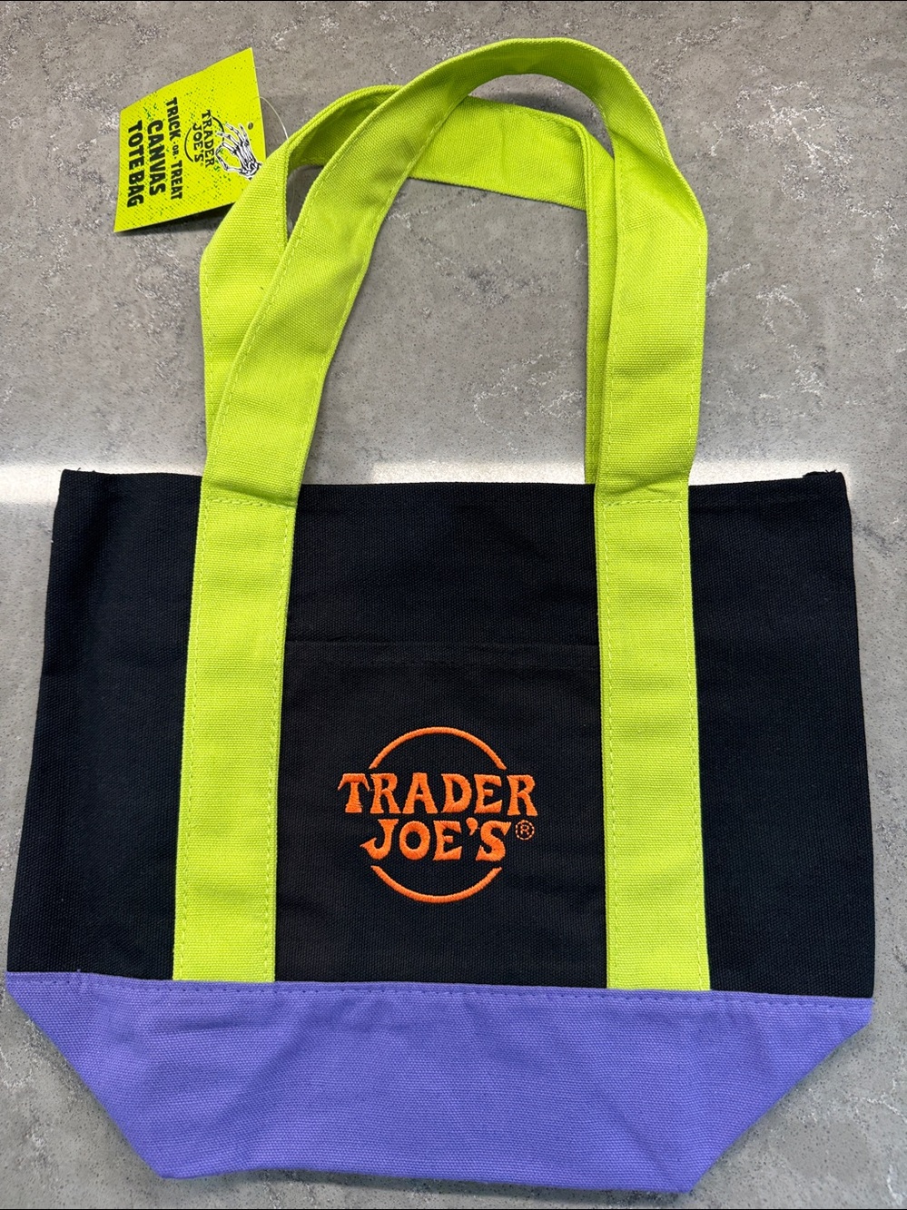 Trader Joe's 🎃 MINI Black Canvas Tote with Lime Handles and Purple Base
